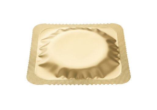 Single golden square condom wrapper isolated on transparent background