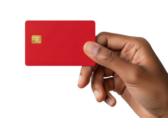 Obraz premium Closeup of a hand holding a blank red credit card isolated on transparent background