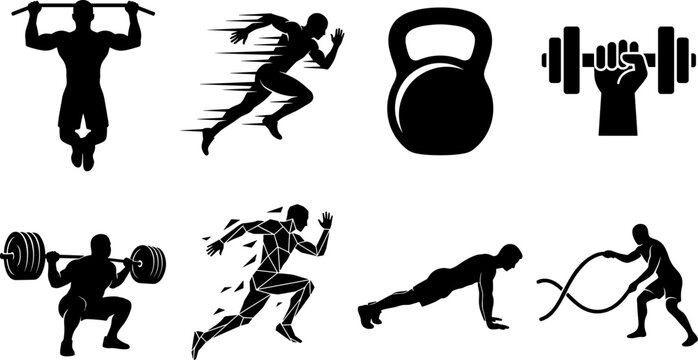 Fitness and Bodybuilding Black Silhouette Vector Set Featuring Pull Ups Runner Kettlebell Dumbbell Squat Push Up and Battle Ropes