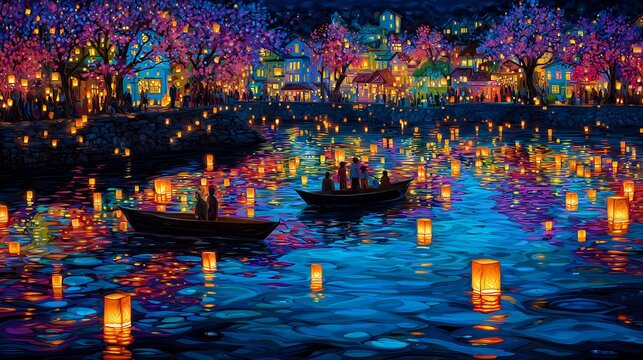 Night Festival with Floating Lanterns on a River