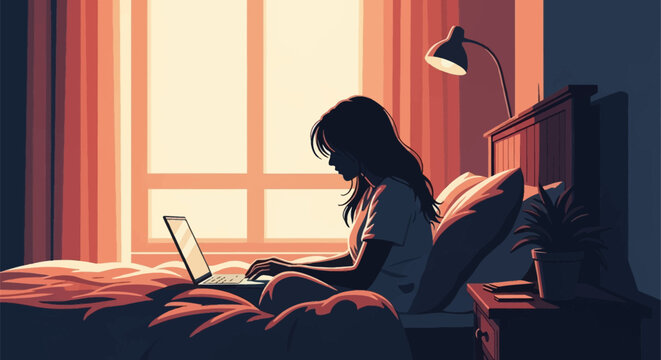 Silhouette of a woman sitting on a bed in a bedroom, using a laptop computer during sunrise or sunset with light coming through a large window, minimalist vector illustration style.