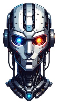 A robotic head with a metallic face and colorful eyes