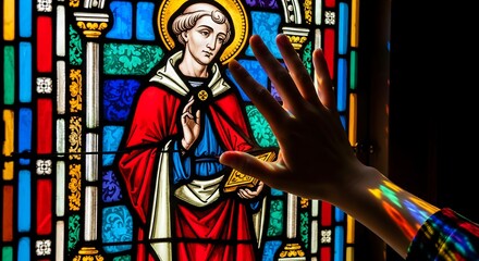 Fototapeta premium Hand reaching towards a colorful stained glass window depicting a saint