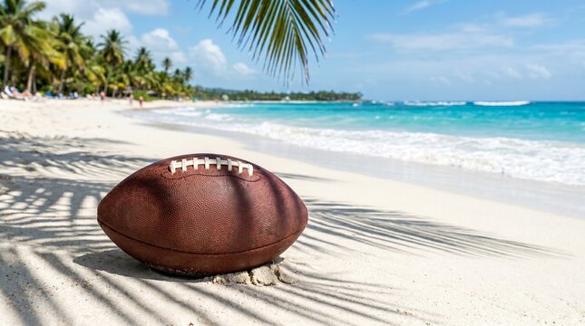 An American football resting on the white sand of a tropical beach under the shadow of a palm leaf, with turquoise sea in the background