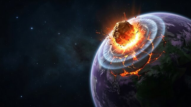 Asteroid impacting a planet with massive explosion and shockwave