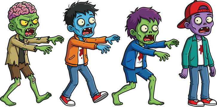 Spooky Cartoon Zombie Character Set with Funny Walking Poses and Brain Exposure for Halloween Party and Gaming Interface Design Vector Illustration