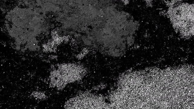 Abstract black and white texture resembling weathered stone, scattered grains, rough surfaces, and organic patterns.