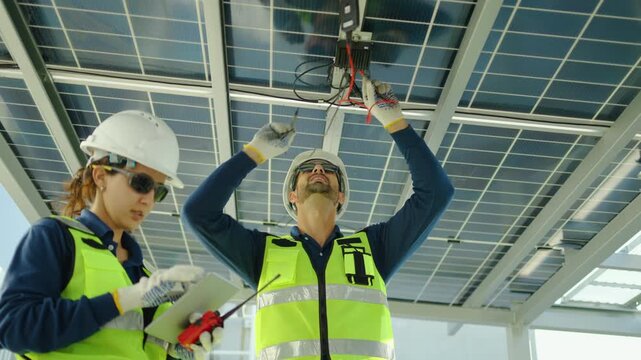Professional diverse engineers inspecting and installing solar panel wiring system on a rooftop canopy. Engineers use a digital tablet for a green sustainable renewable energy maintenance project.