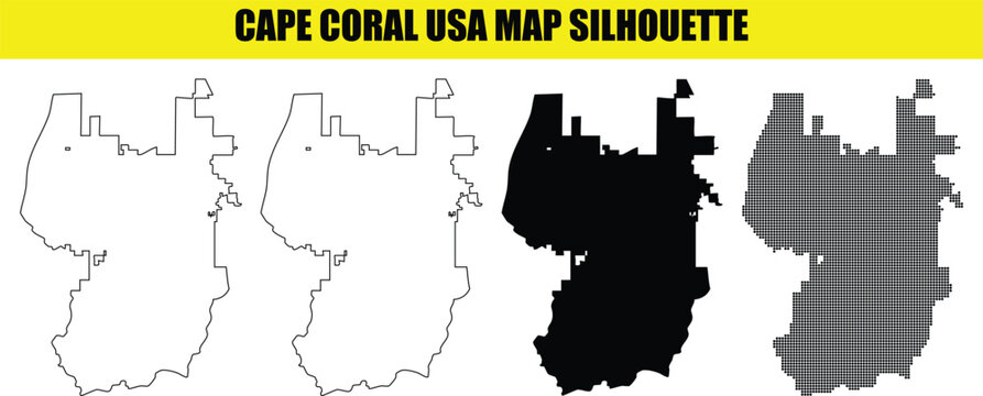 Cape coral usa map silhouette pack featuring various styles of florida city boundary in solid and line art forms.