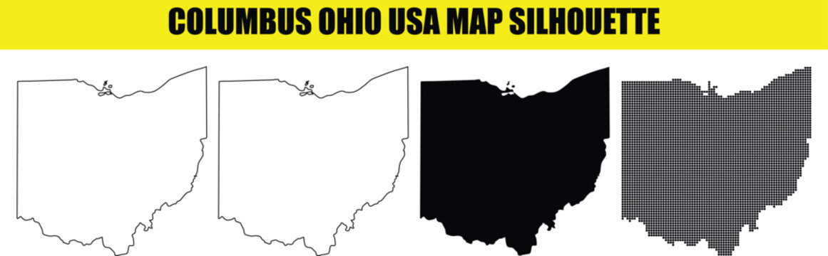 Columbus ohio usa map silhouette set showing state boundary and city shape in solid outline and dotted versions.