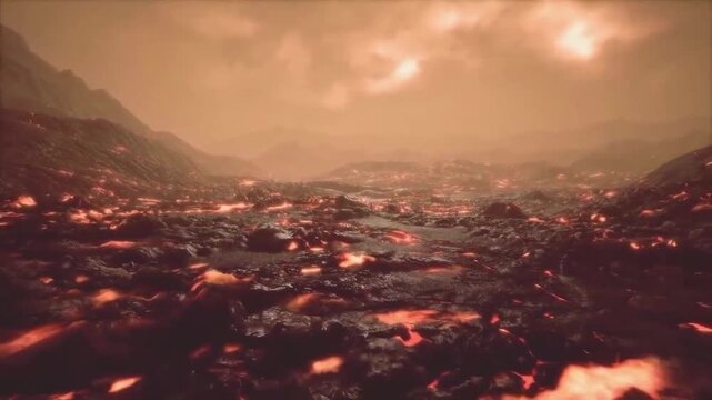 Animation of the hellish surface of planet Venus. Hell landscape with glowing red lava cracks on volcanic rocks under a dense orange toxic atmosphere and clouds.