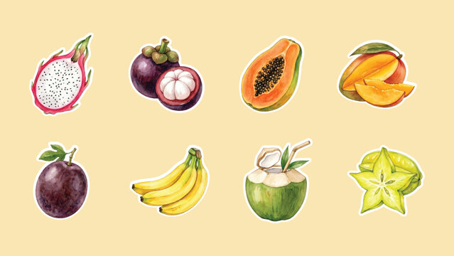 Watercolor tropical exotic summer fruit sticker set collection on beige background
