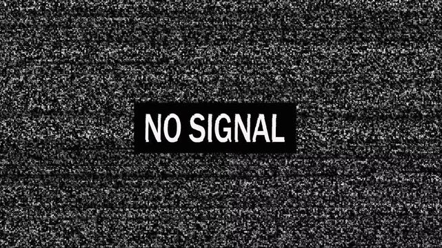 No signal tv screen noice and texture. 4K Video  Black and white static television screen displaying no signal text in bold white letters.