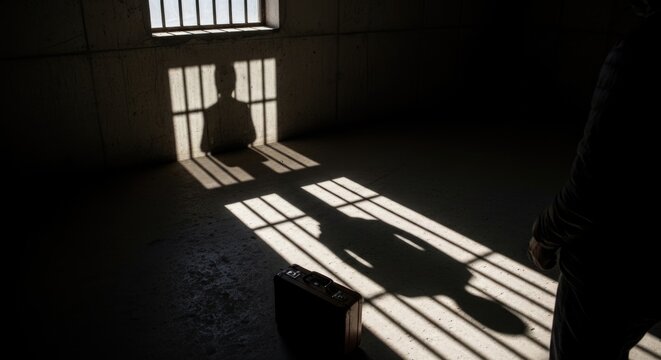 Person's shadow behind prison bars, demonstrating World Day Against Trafficking in Persons, symbolizing human exploitation, modern slavery, forced labor, restricted freedom and captive existence.