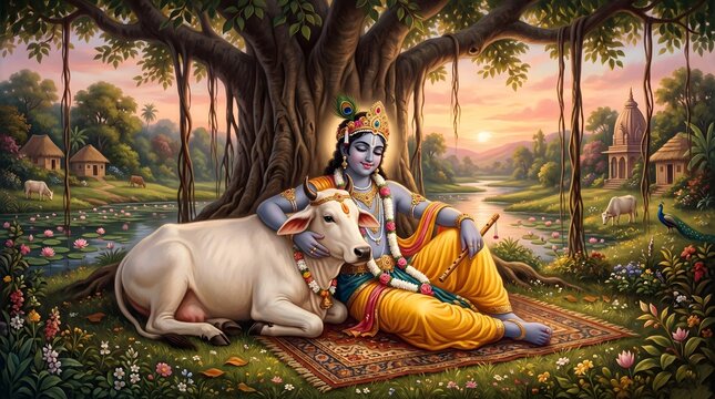 Lord krishna sitting with a cow under a banyan tree in a peaceful landscape