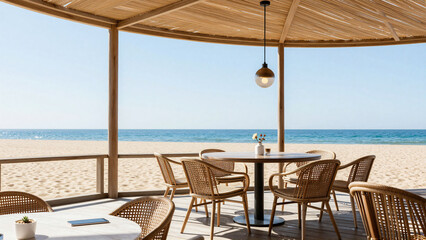 Obraz premium Relaxing beachside dining with ocean views under a woven pergola
