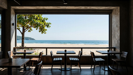 Fototapeta premium Beachfront cafe with ocean view and tropical trees