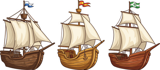 Vintage Wooden Sailing Ship Caravels Collection Representing Santa Maria Nina and Pinta for Historical Discovery Journey and Maritime Adventure Vector Graphic Design © Rumi