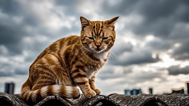 Domestic short-haired cat sitting perched on a house rooftop under a heavy grey cloudy sky, looking away from camera towards the horizon in a quiet suburban neighborhood setting.