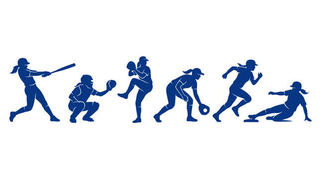 Dynamic softball player silhouette vector collection featuring female athletes in action poses&mdash;batting, pitching, catching, running, and sliding&mdash;for sports, fitness, and competition design projects.