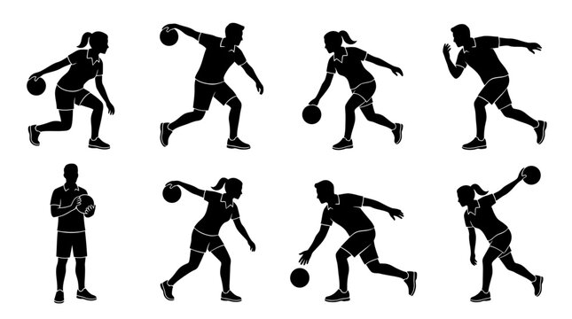 Dynamic bowling player silhouette vector collection featuring male and female athletes in action poses&mdash;throwing, aiming, and rolling balls&mdash;for sports, fitness, and competition design projects.