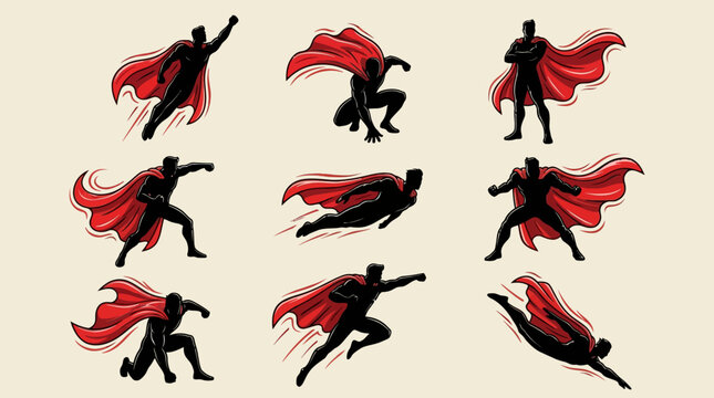 Powerful superhero silhouette vector collection featuring dynamic action poses, flying stances, and red cape designs symbolizing strength, courage, and heroism in modern graphic art.