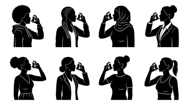 Medical inhaler usage silhouette vector collection showing diverse individuals using asthma inhalers, respiratory treatment concept, and healthcare awareness design for wellness and medical education 