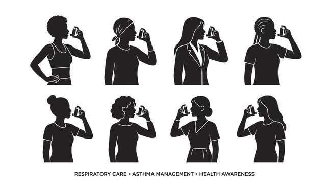 Medical inhaler usage silhouette vector collection showing diverse individuals using asthma inhalers, respiratory treatment concept, and healthcare awareness design for wellness and medical education 