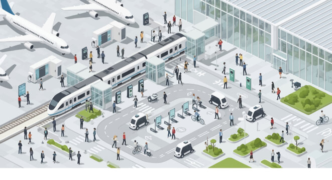 Isometric view of a modern airport transportation hub with passengers and autonomous vehicles.