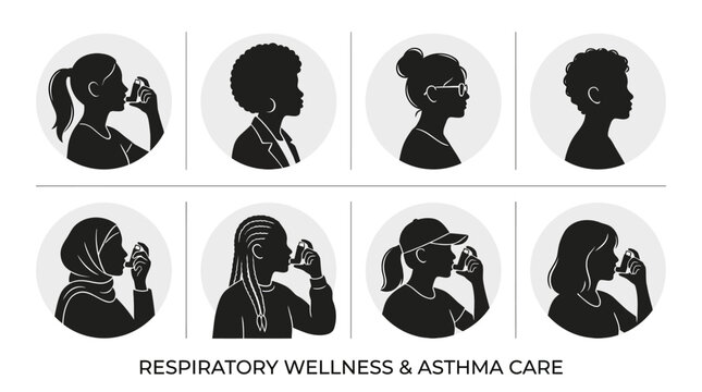 Medical inhaler usage silhouette vector collection showing diverse individuals using asthma inhalers, respiratory treatment concept, and healthcare awareness design for wellness and medical education 