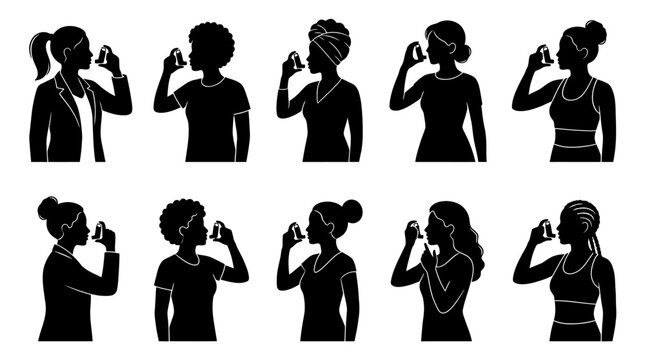 Medical inhaler usage silhouette vector collection showing diverse individuals using asthma inhalers, respiratory treatment concept, and healthcare awareness design for wellness and medical education 