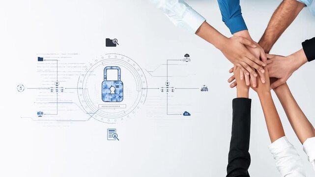 A diverse team demonstrates collaboration in digital security while stacking hands over a lock symbol, highlighting the importance of teamwork and innovative strategies. Raster