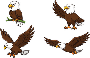 Naklejka premium Cartoon Bald Eagle Character Set with Various Poses Including Flying, Perching on Branch, and Spreading Wings for Mascot and Logo Design Vector