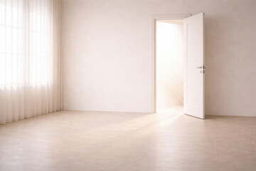 Fototapeta premium Empty Room with Open White Door and Sunlight Stream on Concrete Floor, Minimalist Interior Design