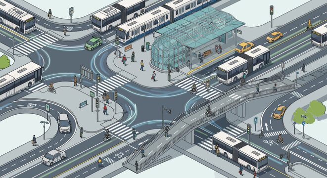 Isometric illustration of a busy city intersection with public transport and commuters.