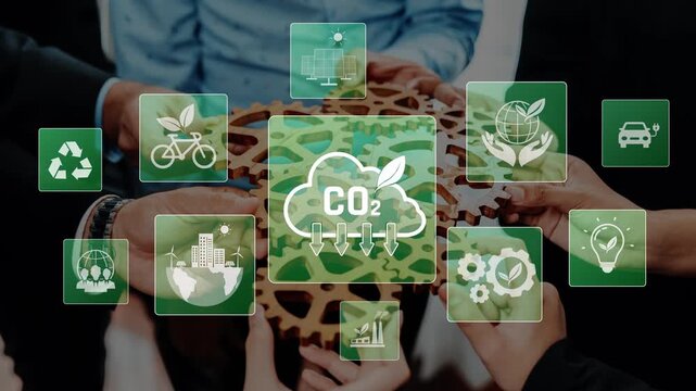 A visual representation of teamwork focused on sustainability, showcasing icons of carbon reduction, recycling, and green initiatives in a corporate meeting setting. Raster