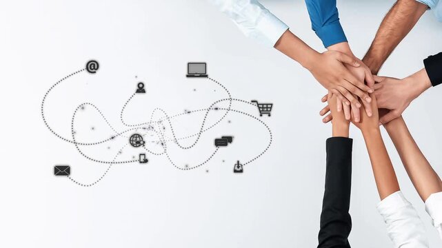 A dynamic representation of teamwork with diverse hands coming together, surrounded by digital icons signifying technology, communication, and collaboration in a professional environment. Raster