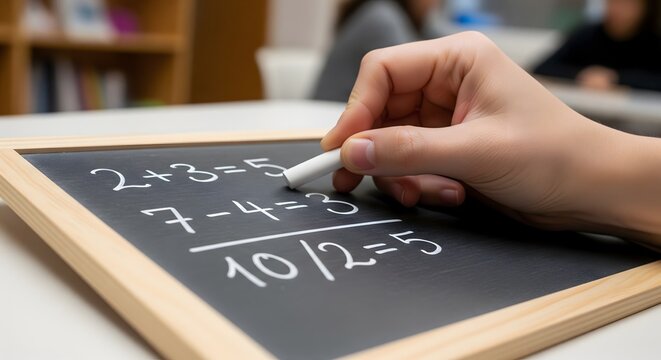 Hand writing simple math equations with white chalk on a small blackboard