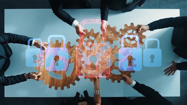 A group of business professionals engages in a collaborative meeting, utilizing digital symbols of locks and gears to discuss cybersecurity solutions and innovation strategies. Raster