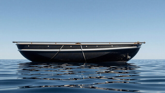 Minimalist Black Boat Adrift on Calm Blue Water Under Clear Sky