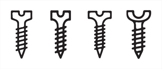 Obraz premium Set of four different metal screw head icons isolated on white background in a minimalist line style.