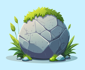 Round cracked stone boulder covered in green moss and grass sprouts for ancient jungle ruin game level environment decorative asset © color