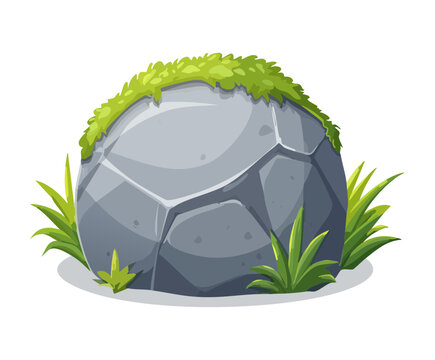 Large grey boulder stone covered with green moss and small grass blades for forest landscape game environment decoration asset design