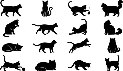 Obraz premium Cat Silhouette Collection Featuring Walking Sitting Sleeping Playing and Jumping Poses for Pet Care and Animal Design