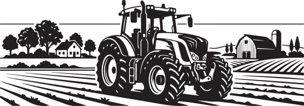 Tractor, Farm Tractor, Agricultural Vehicle, Black and White Illustration, Rural Landscape