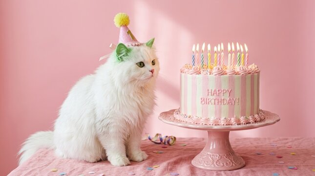 White persian cat with birthday cake and party hat