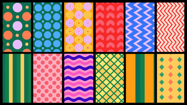 A vibrant assortment of sixteen geometric patterns in varied colors and arrangements displayed as a collection abstract arrangement