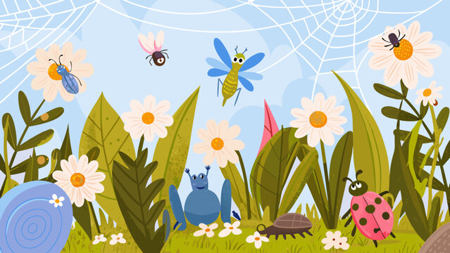 A colorful vector illustration depicting a bug community amongst flowers and foliage beetle insect dragonfly ladybug bumblebee flower