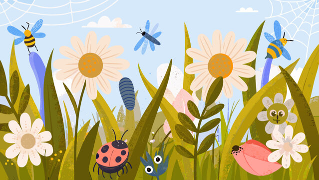 Floral ornament with insects and stylized plants a colorful vector illustration bee bumblebee bug caterpillar chrysalis daisy flora