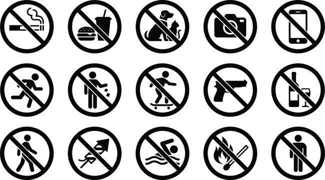 Prohibition Sign Icon Set with No Smoking, Food, Pets, Photography, Phones, Weapons, Alcohol, Swimming, and Open Flame Warning Restriction Graphic Symbols